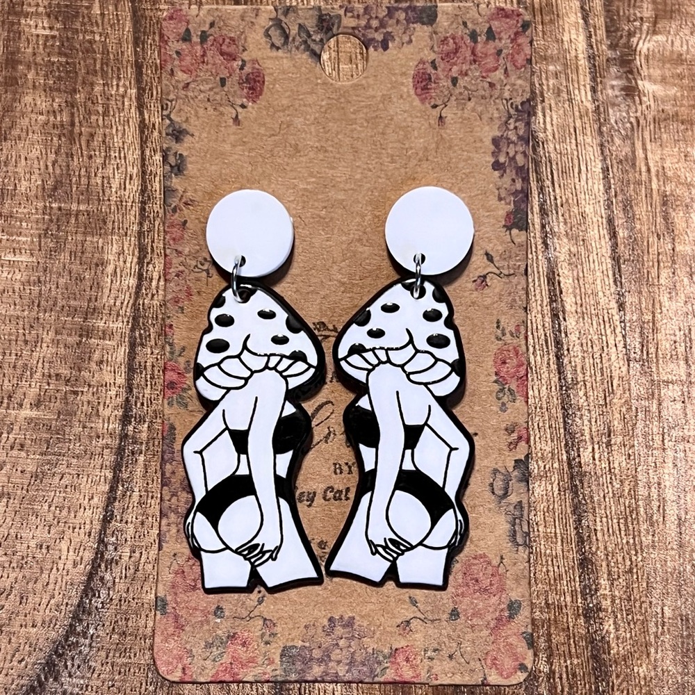 Black and White Mushroom Lady Earrings Sultry Pinup